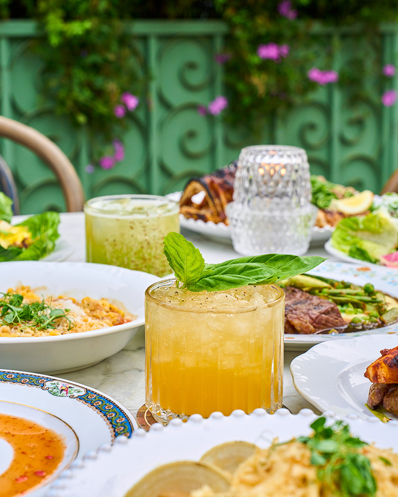 Colorful dishes and refreshing drinks.